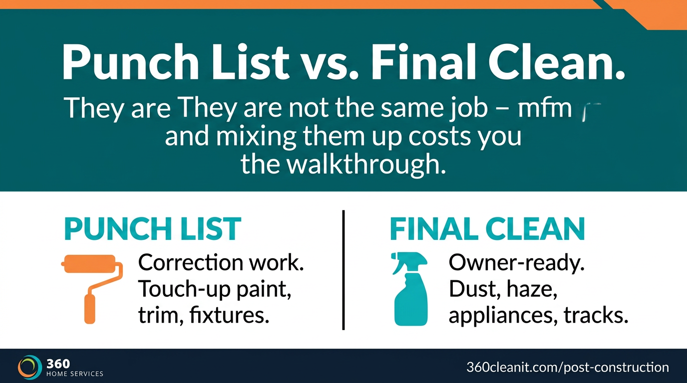 Planned in, not squeezed in. A rough clean and a final clean on the schedule keep the walkthrough from turning back into a punch list.
